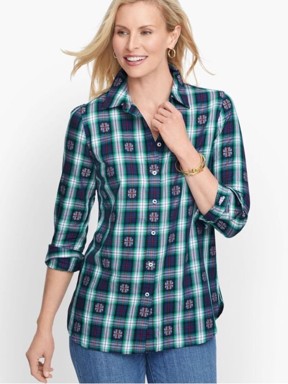 Talbots Classic Cotton Shirt Snowflake Jacquard Plaid Button Front Medium